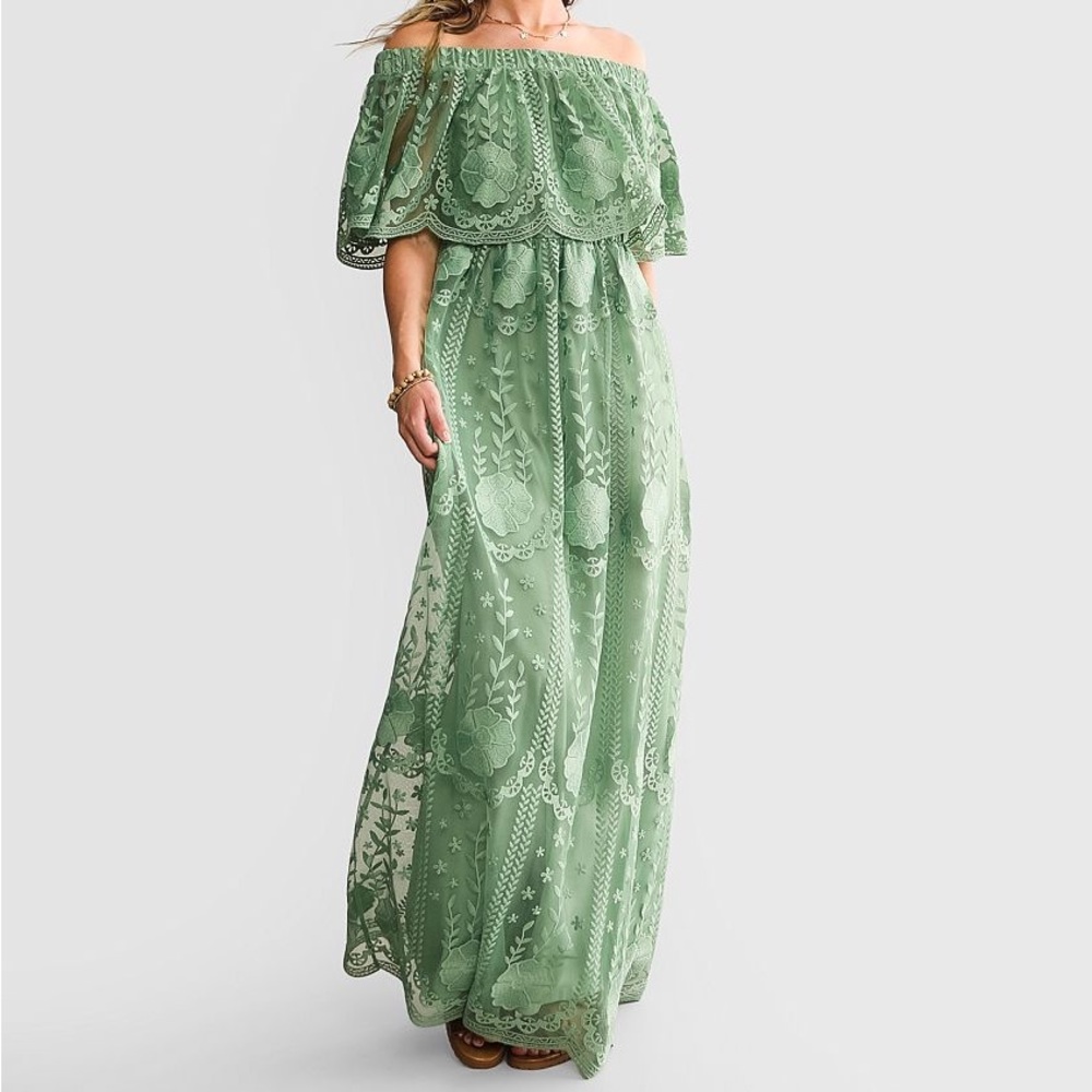 Daytrip Sage Green Off-Shoulder Lace Maxi Dress Small